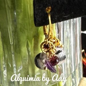 Alquimia Gold Earrings with Purple and Silver Accents garnet amethyst rutile